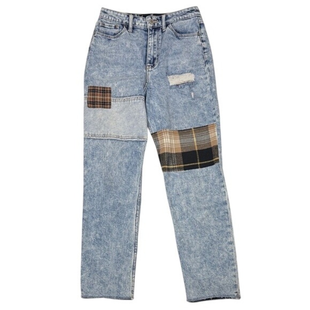 Hollister‎ Ultra High-Rise Mom Jeans Acid Wash Plaid Patchwork Distressed 0R W24